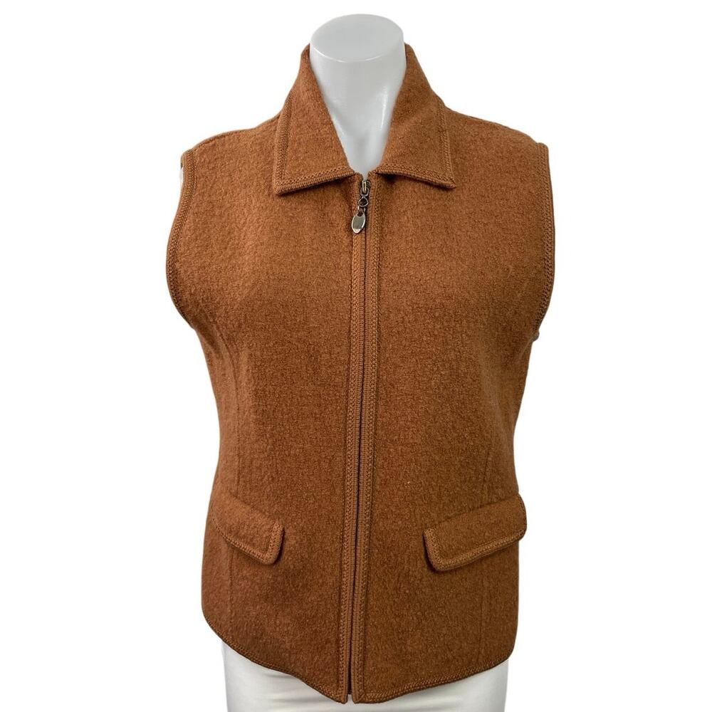 Lisa International Tan 100% Wool Sleeveless Collared Full Zip Vest Jacket Size M